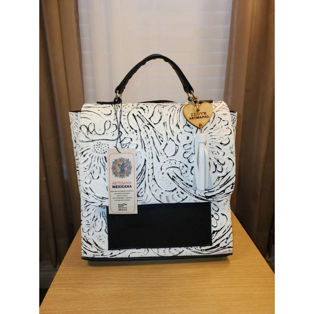 LEATHER White & Black BACKPACK Embossed Tooled Artisan Shoulder Bag Purse Hobo